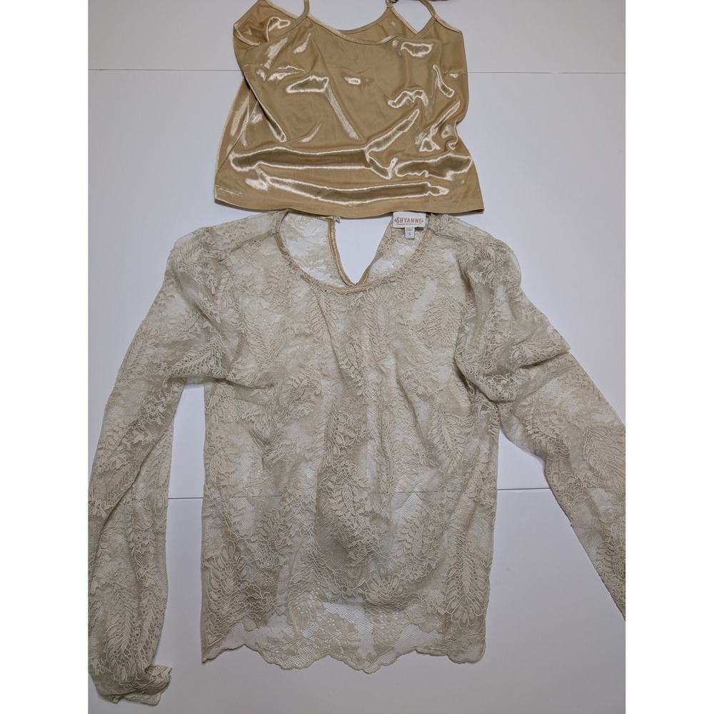 Shyanne Women Gold Lace Long Sleeve Top with Satin Camisole Liner Set Small